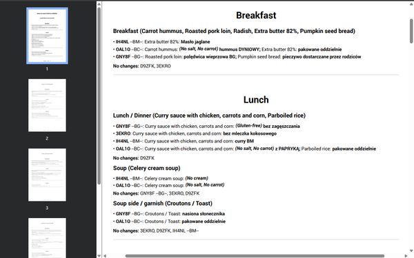 Printable menu for facilities