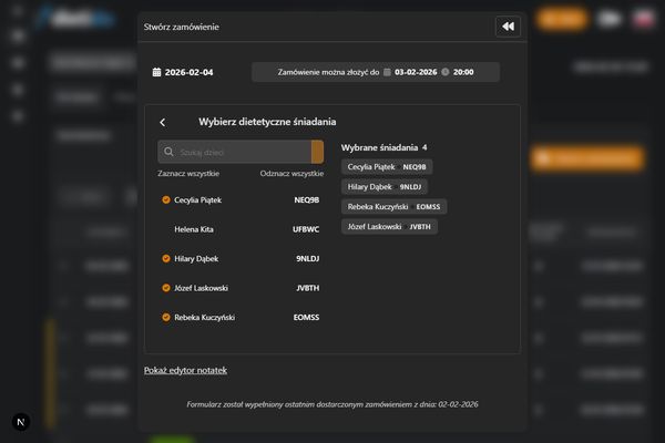 Składanie zamówień dietycznych dla dzieci